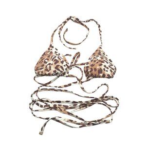 Aerie Triangle Bikini Swim Top Wrap String Ties Leopard Print Brown Size M